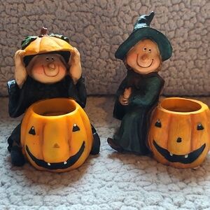 Vintage, Charming Halloween Witches with Pumpkin Candle Holders Kick Knacks